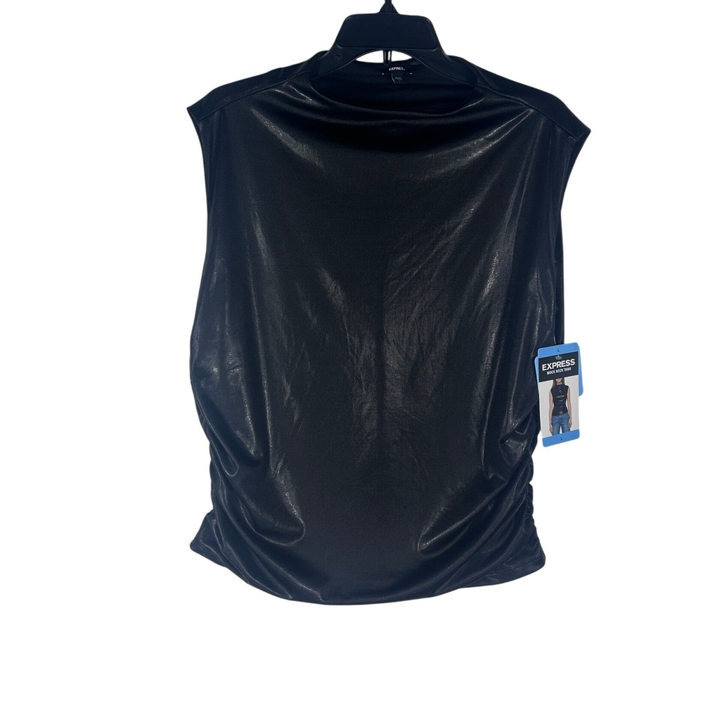 Express Womens Black Mock Neck Ruched Side Faux Leather Look Tank Top Large NWT